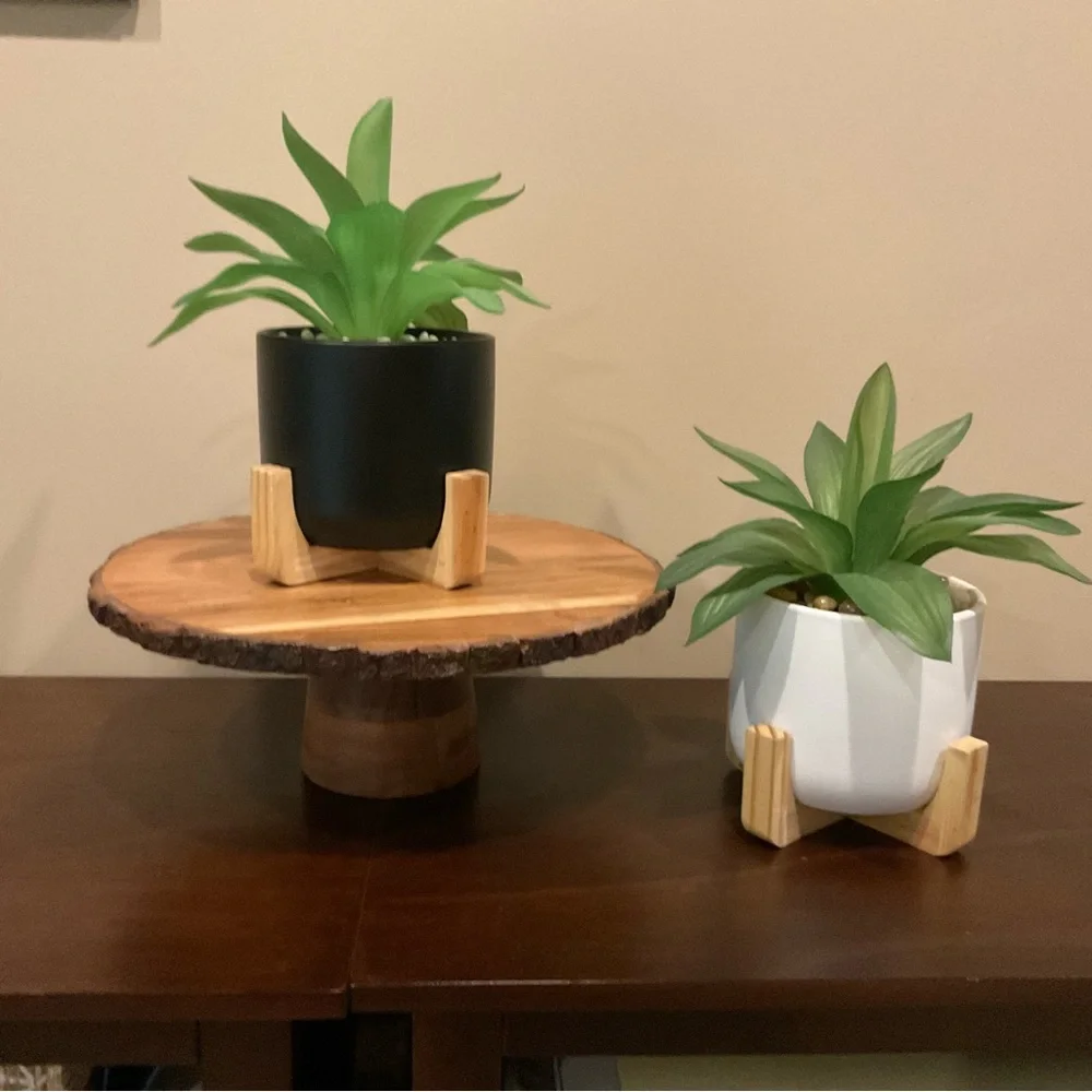Faux Green Plant In Ceramic and Wood Pot 🪴